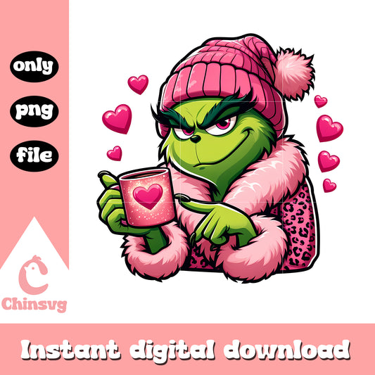 Pink grinch leopard with coffee cup png, the grinch drink​ png