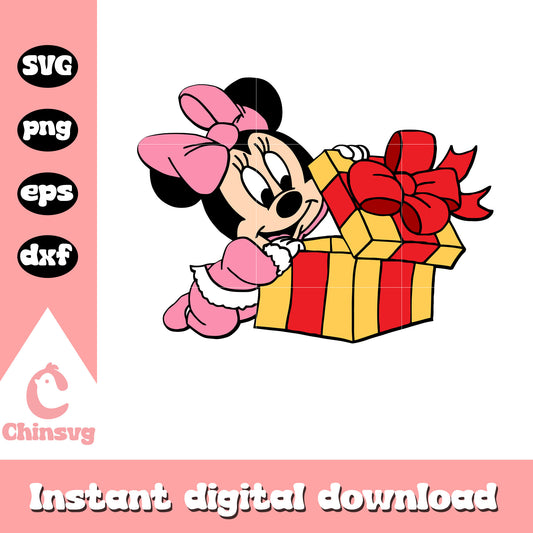 Pink baby minnie with christmas present svg, minnie mouse christmas​ svg