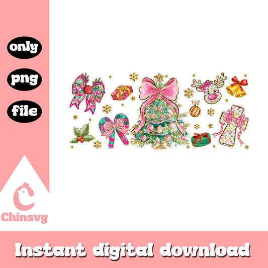 Pink bow christmas glitter tree png, happy christmas png