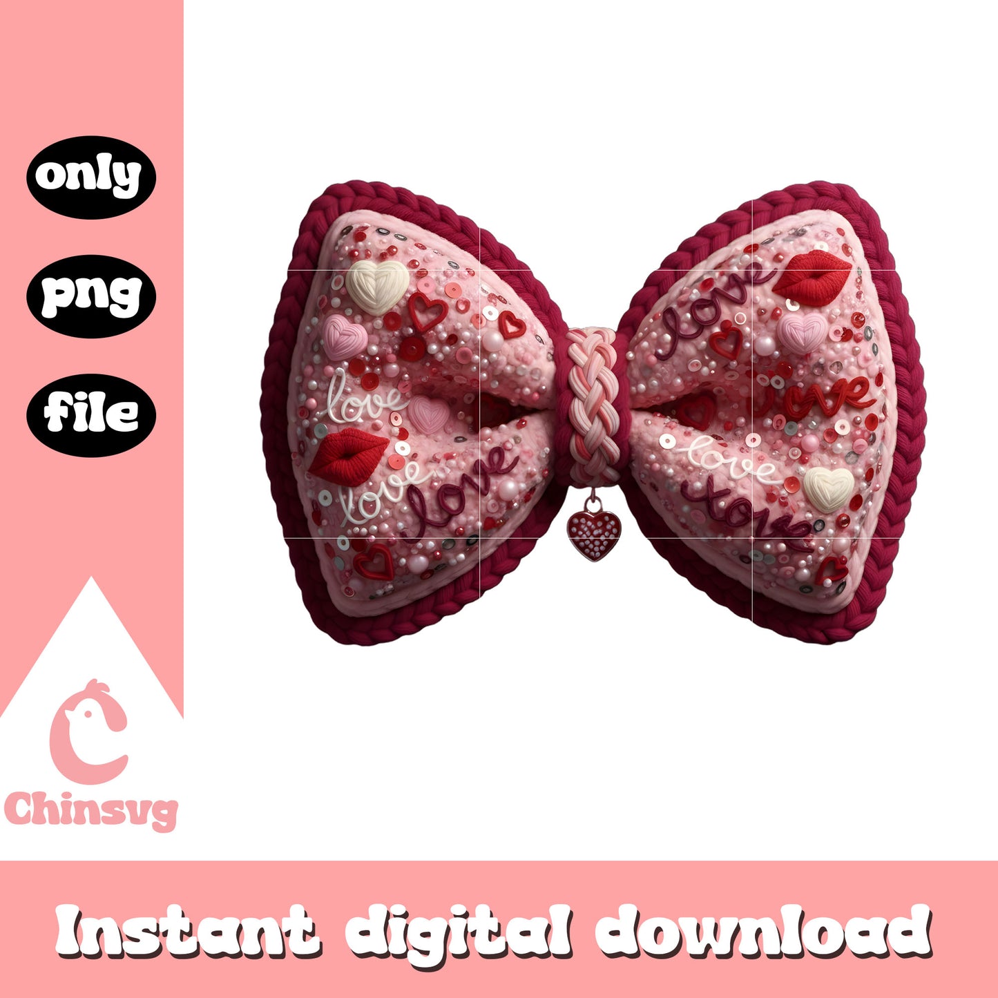 Pink bow crochet valentine png, valentines day bow​​​ png