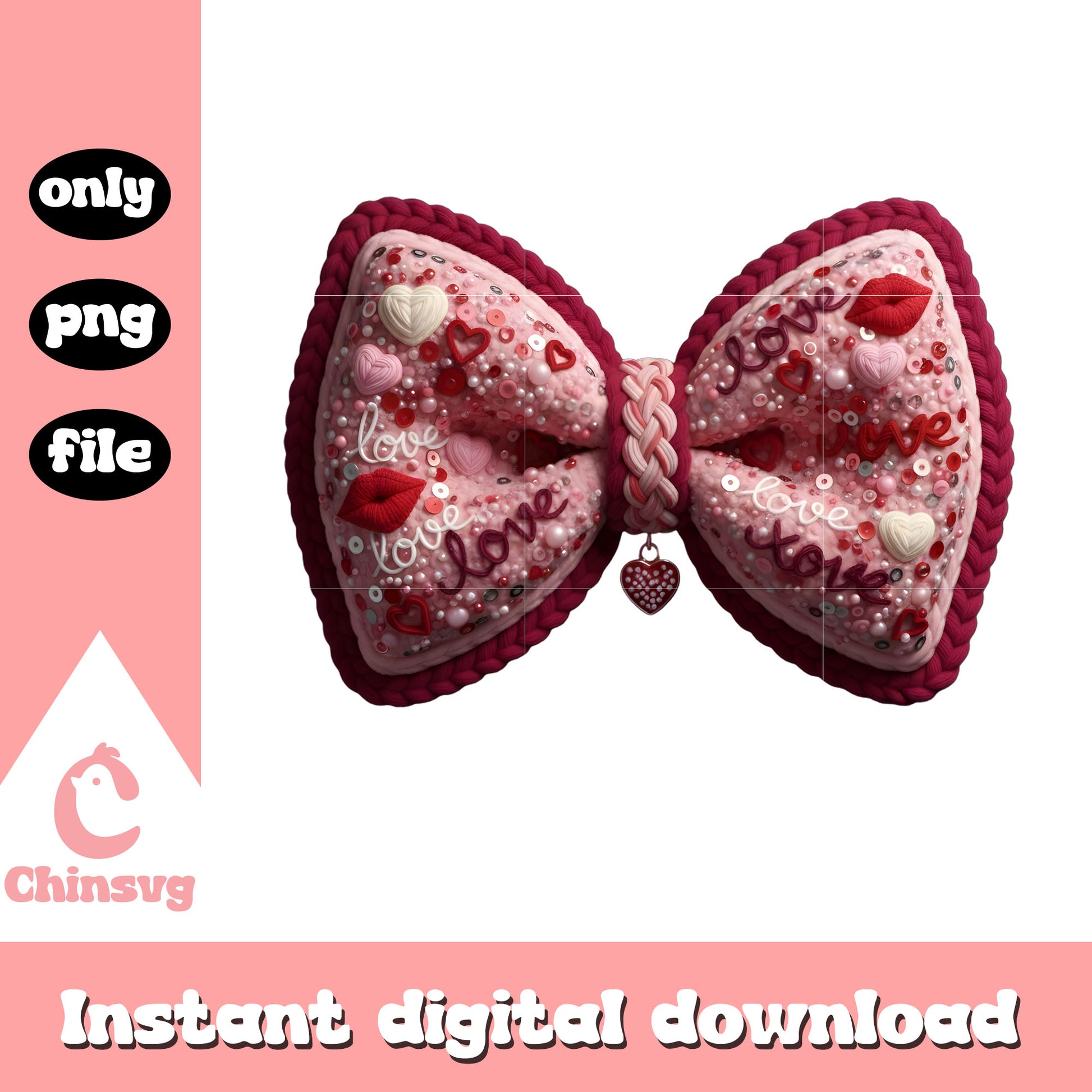 Pink bow crochet valentine png, valentines day bow​​​ png