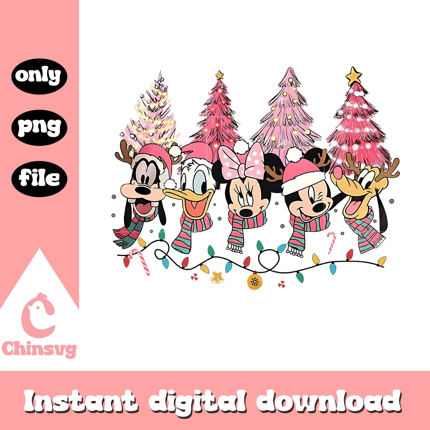Pink christmas trees mickey heads png, mickey mouse friends png 