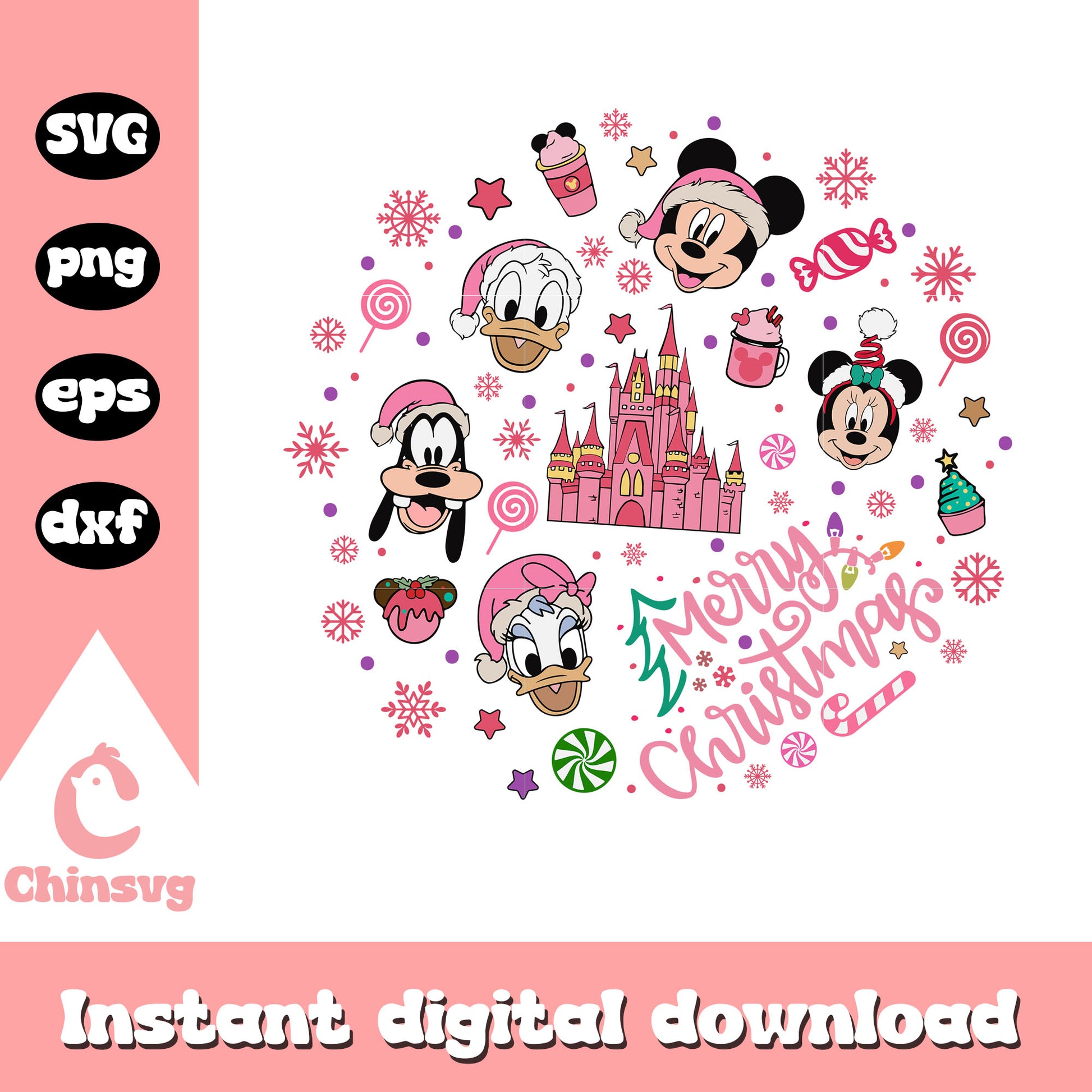 Pink disney merry christmas svg, christmas castle svg