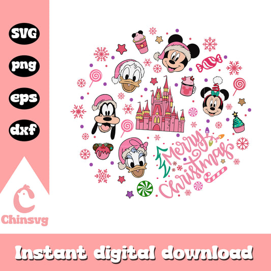 Pink disney merry christmas svg, christmas castle svg