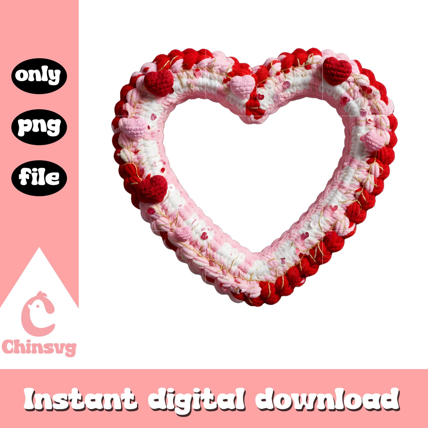 Pink frame hearts crochet png, heart valentine's day png