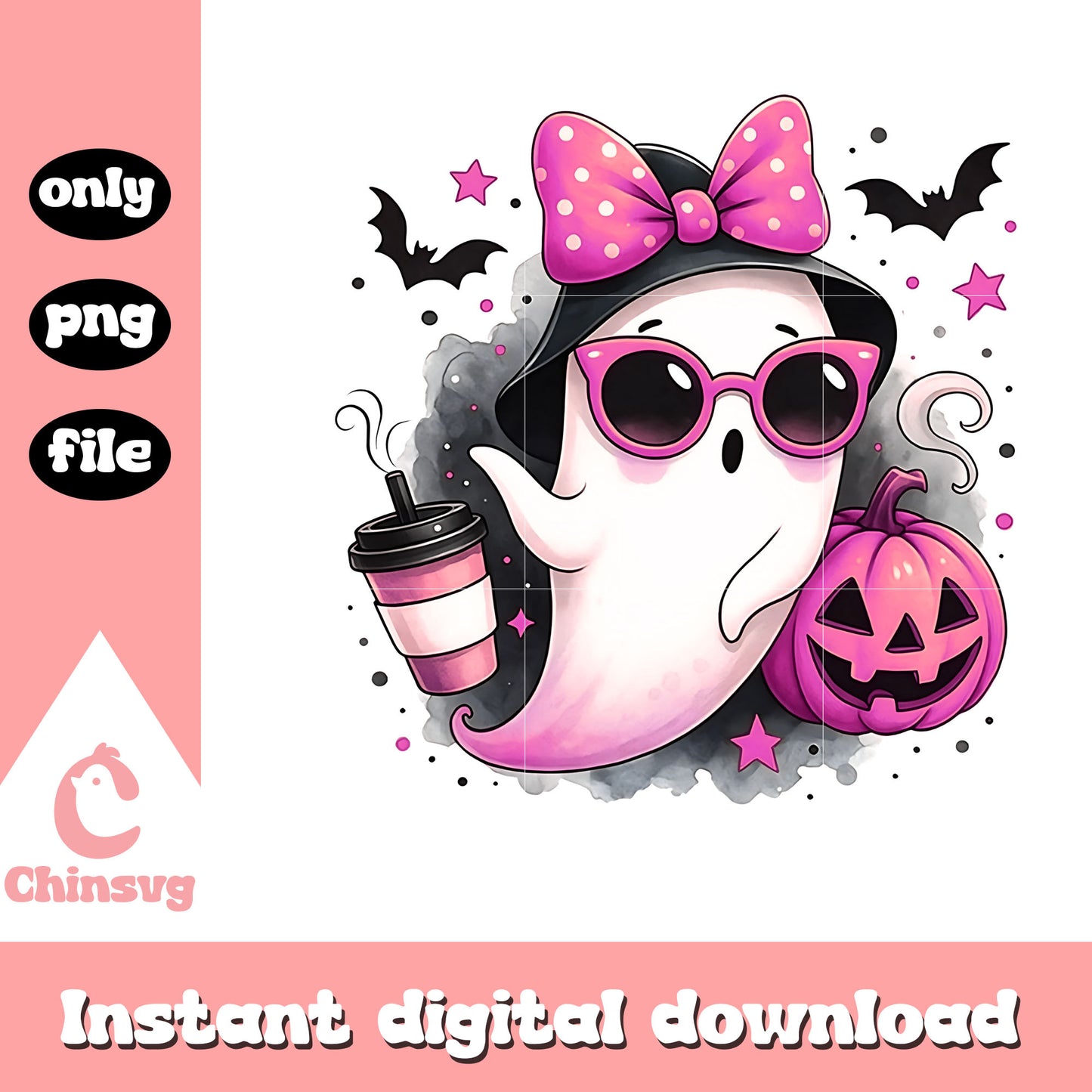 Pink ghost and coffee design png, pink pumpkin png