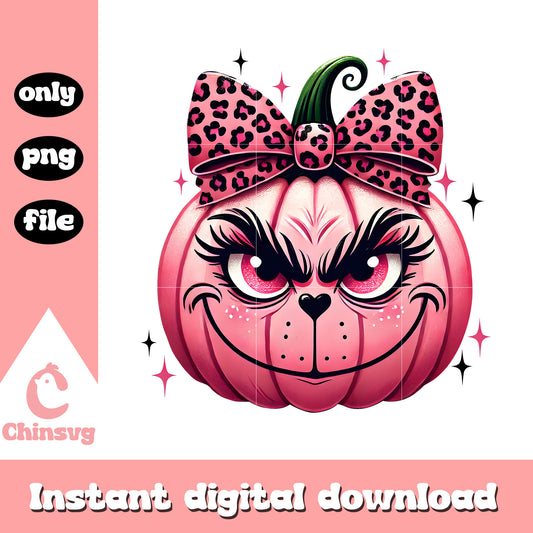 Pink grinch face pumpkin bow halloween design png, pumpkin png