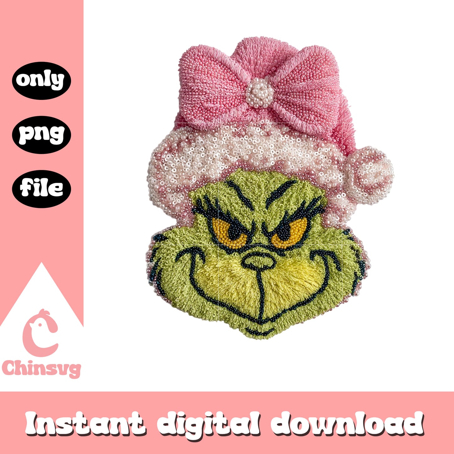 Pink grinch patchwork design png, grinch smile png