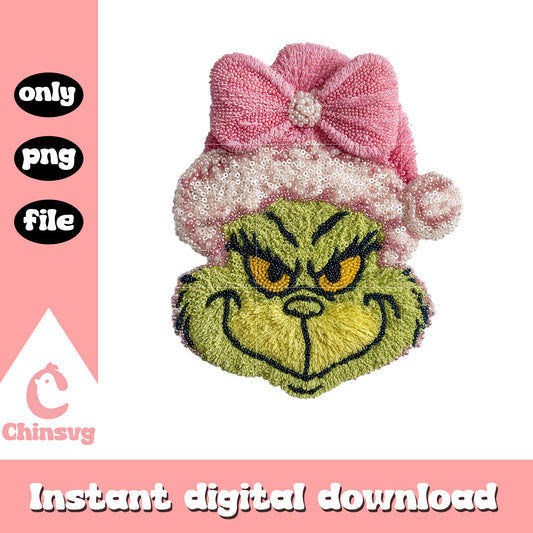 Pink grinch patchwork design png, grinch smile png
