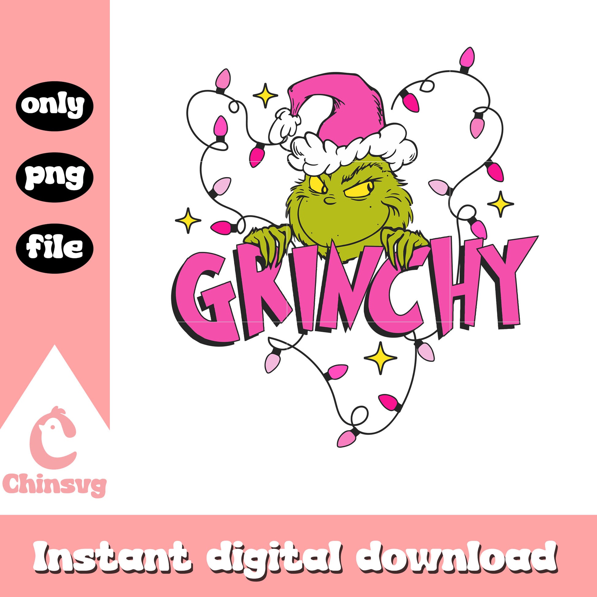 Pink grinchy christmas lights design png, christmas day png