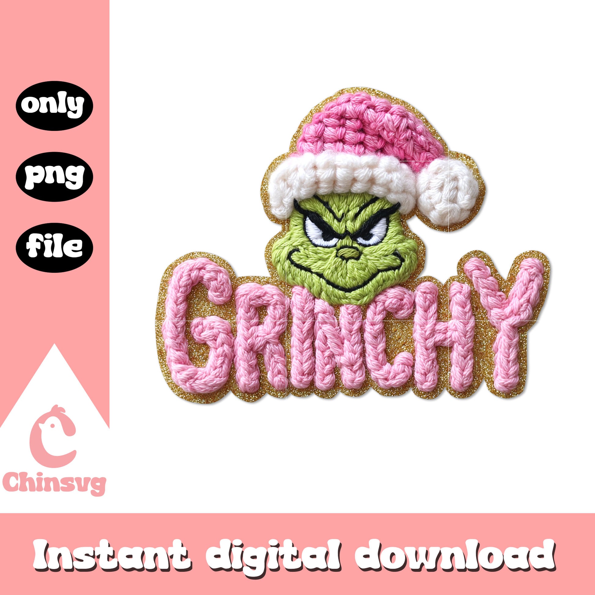 Pink grinchy yarn crochet design png, how to grinchy png