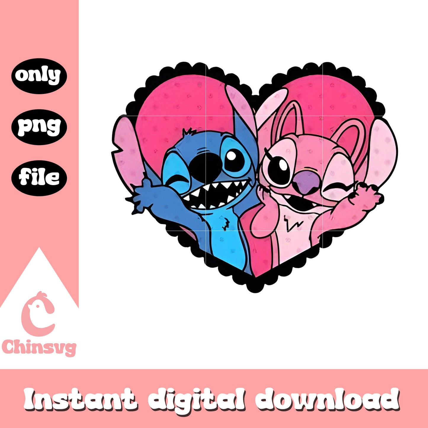 Pink heart couple valentine png, stitch valentines day png