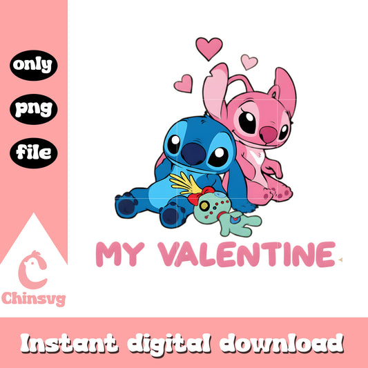 Pink hearts couple valentine png, stitch valentine​​ png