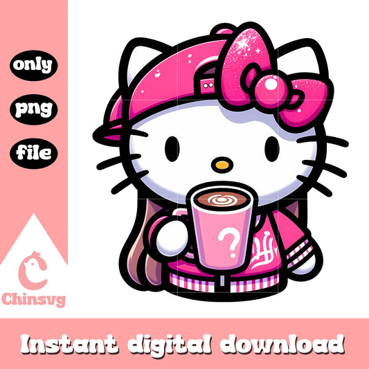 Pink kitty cat drink coffee png, hello kitty​ png, love coffee png
