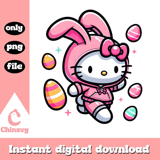 Pink kitty easter bunny and easter eggs png, hello kitty png