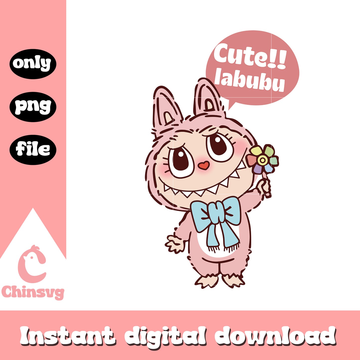 Pink labubu cute with coquette flower design png, labubu png