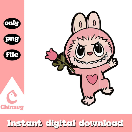 Pink labubu hand pink rose design png, pink labubu png