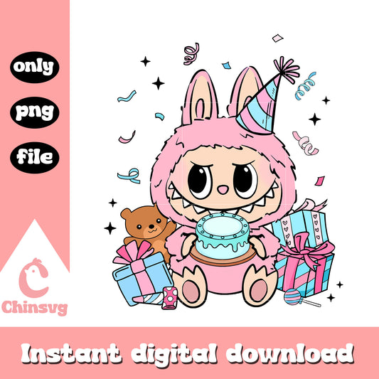Pink labubu holding birthday cake png, happy birthday png