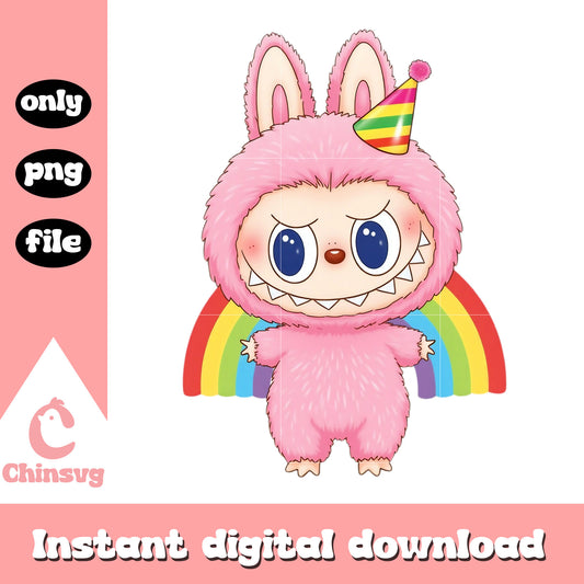 Pink labubu rainbow design png, labubu toy png, labubu art png