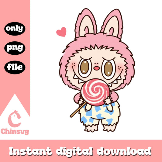 Pink labubu with candy costume design png, labubu clothing png