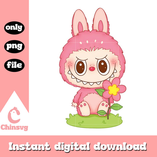 Pink labubu with flower design png, labubu pink png