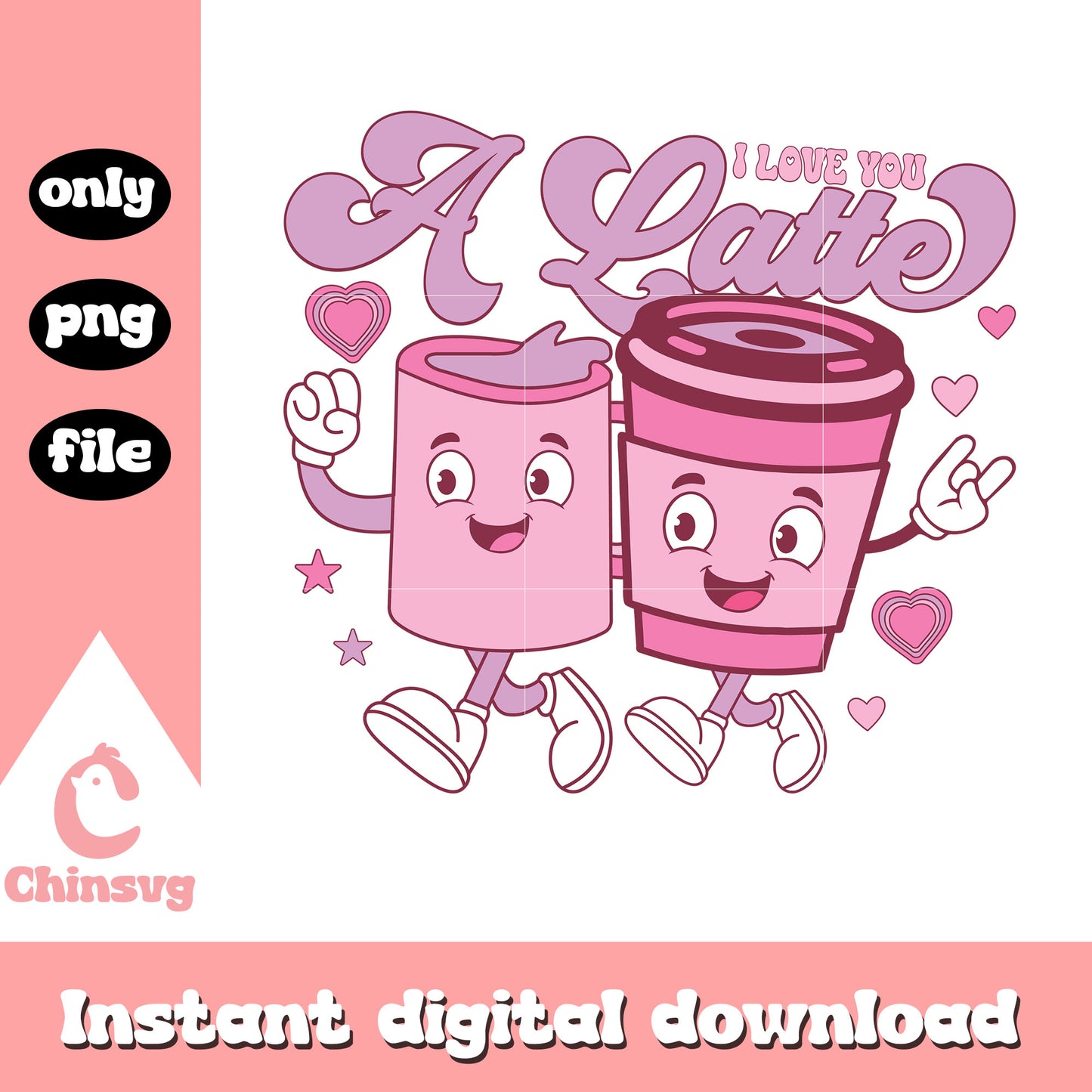 Pink latte couple valentine png, heart valentine's day png