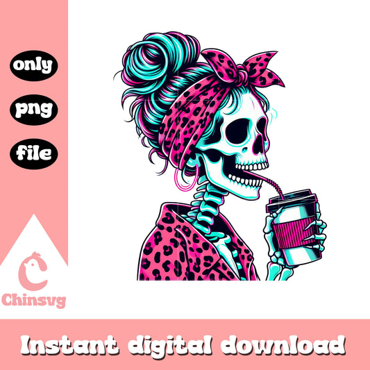 Pink messy bun mom coffee png, human skeleton png, coffee png