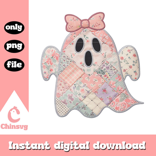 Pink patchwork halloween ghost png, halloween png