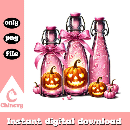 Pink potion pumpkin halloween design png, halloween potion bottles png