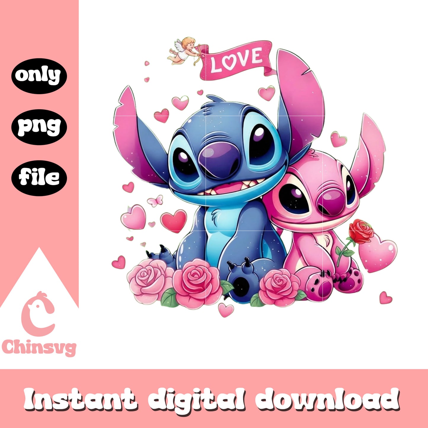 Pink rose couple valentine png, stitch valentines day png