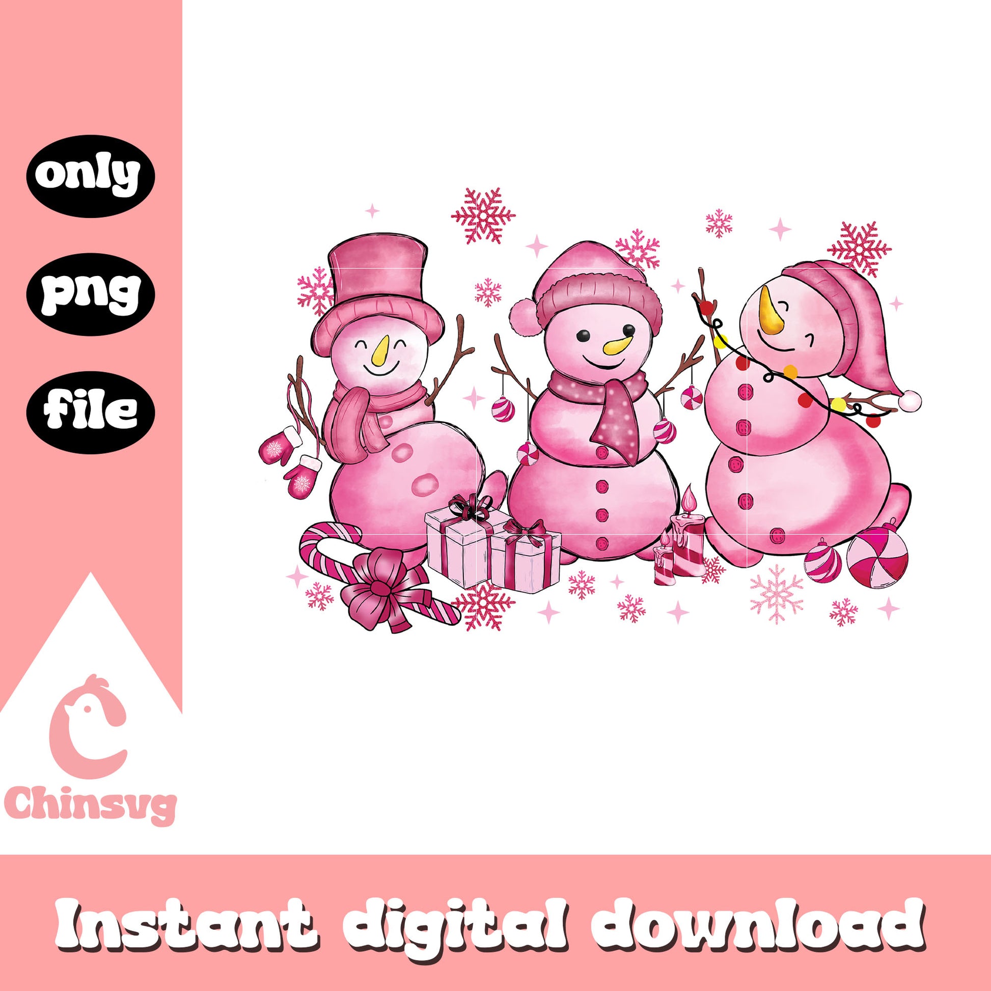 Pink snowman christmas gifts design png, christmas snowman png