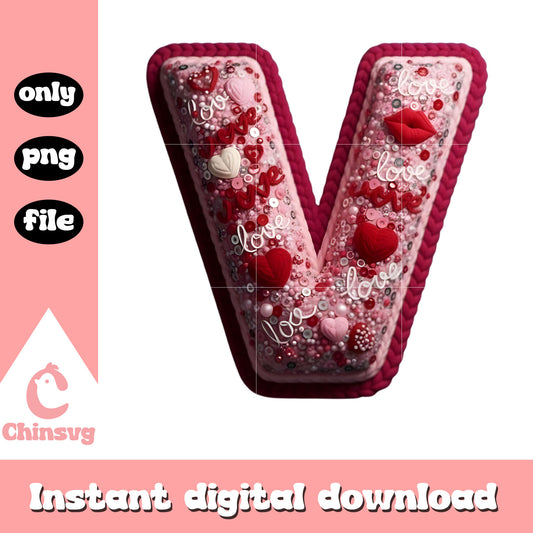 Pink v crochet valentine png, valentine's day alphabet​ png
