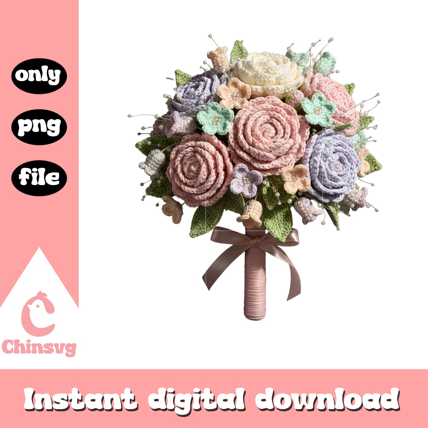 Pink wedding flower crochet png, valentines day flower png