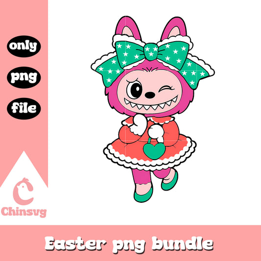 Pink winking bow girl labubu doll design png, labubu outfits png