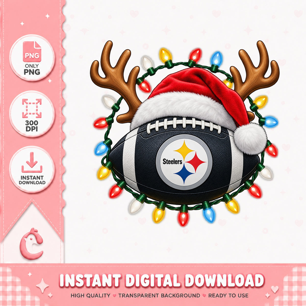 Pittsburgh Steelers Christmas Football, Reindeer Antlers, PNG