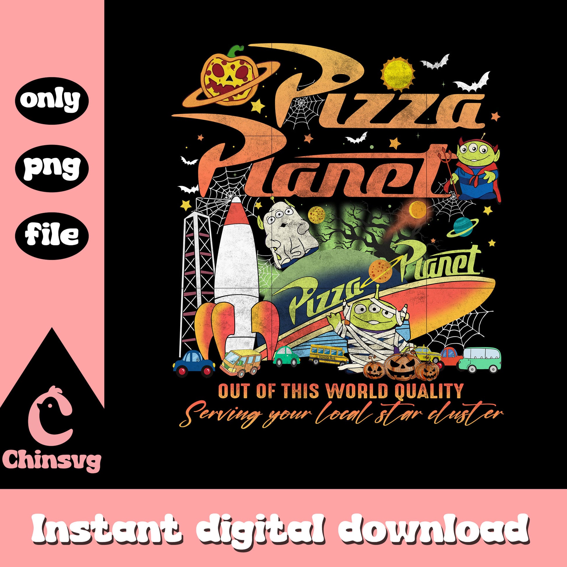 Pizza planet toy story cartoon design png, little green alien png