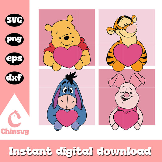 Pooh and friends heart valentine svg, pooh valentine​ svg