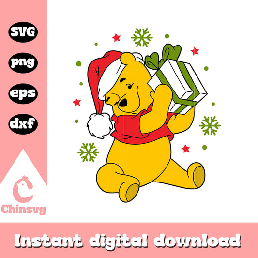 Pooh with present box christmas svg, pooh santa hat​ svg