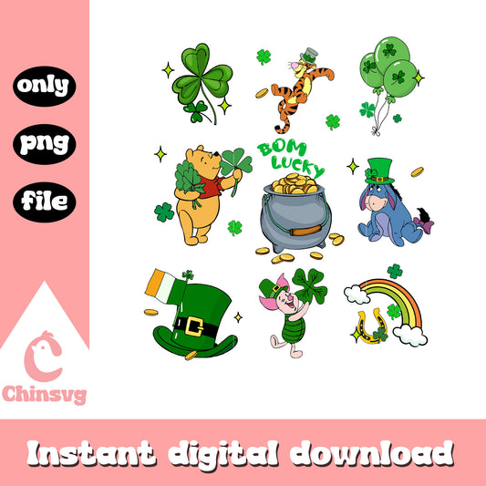 Pooh and friends bom lucky png, disney vacation png, patrick day png