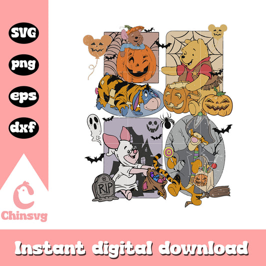 Pooh and friends on halloween svg, cartoon halloween svg, winnie the pooh svg