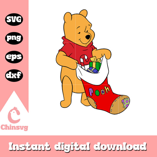 Pooh bear and christmas sock design svg, pooh bear christmas​ svg