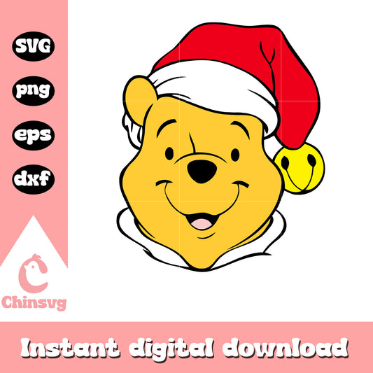 Pooh bear face santa hat design svg, pooh christmas svg