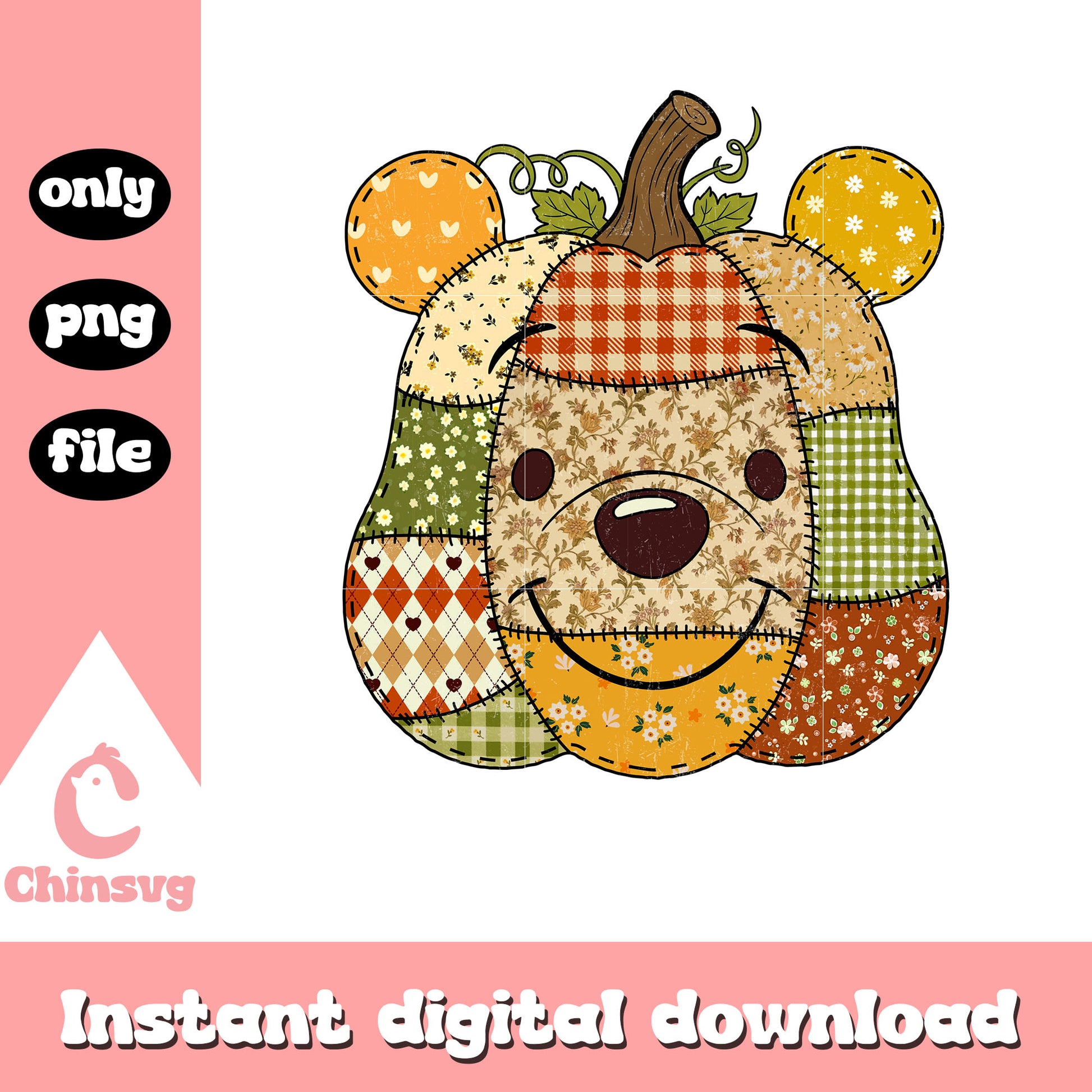 Pooh bear floral pumpkin patchwork png, winnie the pooh png