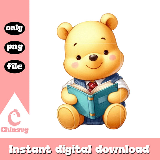 Pooh character reading book design png, best time to learn png