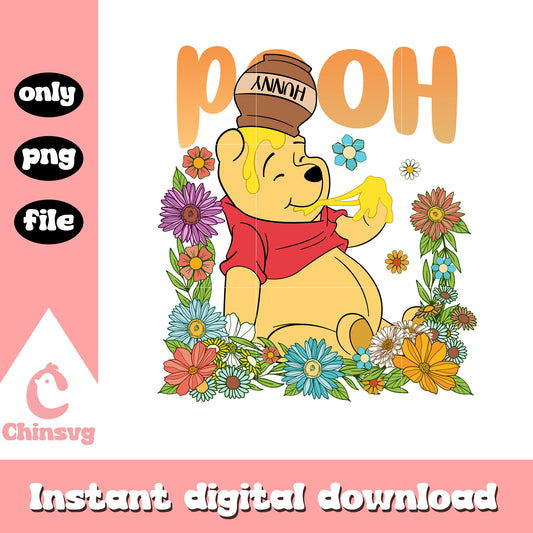 Pooh character vintage flower png, disney character png