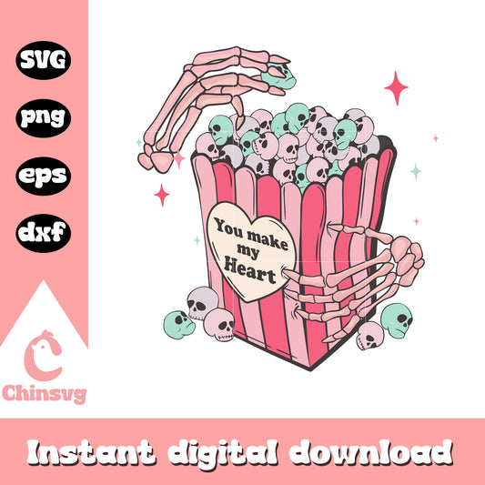 Popcorn skeleton you make my heart svg, valentine day svg