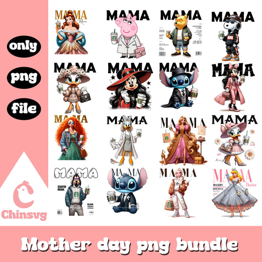 Poster disney characters mama bundle design png, disney png, mother day png