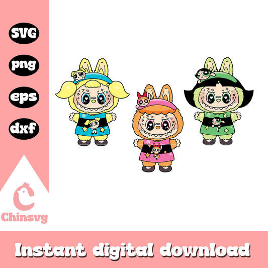 Powerpuff girls labubu collection drawing svg, powerpuff girls svg