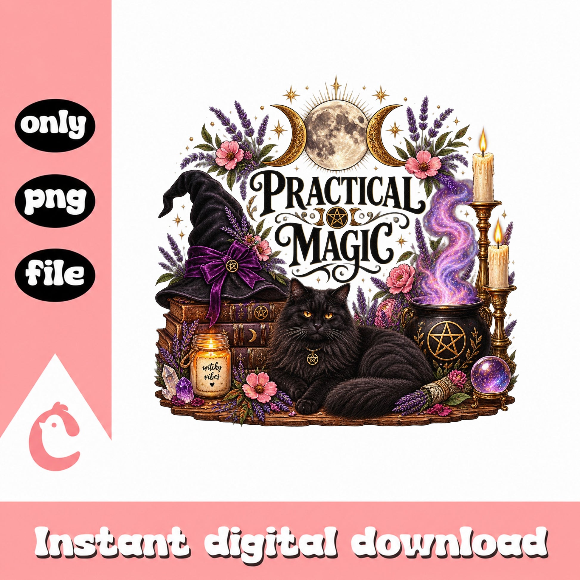Practically Magic Witch Cat PNG, Witchy Vibes Sublimation, PNG