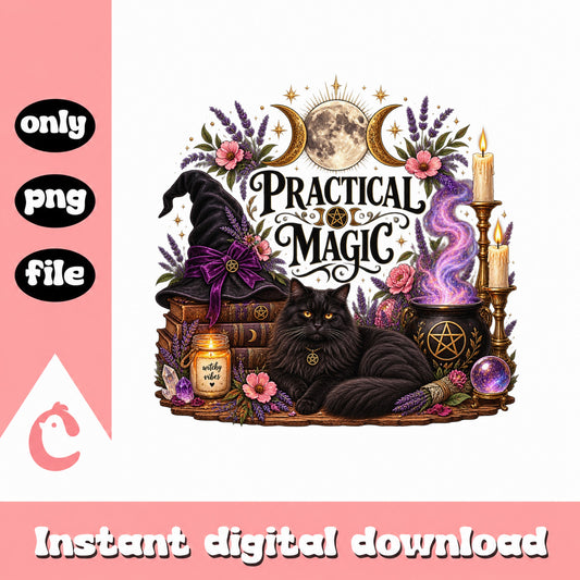Practically Magic Witch Cat PNG, Witchy Vibes Sublimation, PNG